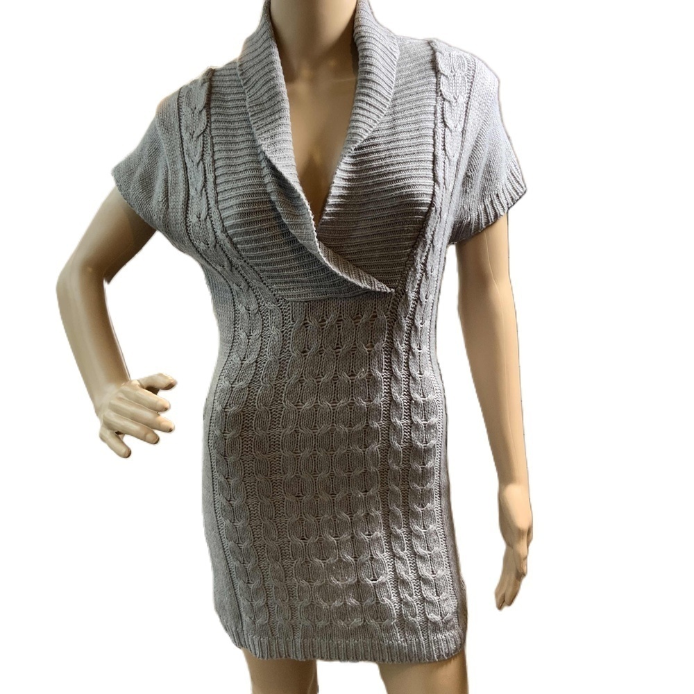Bongo Gray Short Sleeve Cowl Neck Cable Knit Sweater Dress Sz Lg Preppy Academia